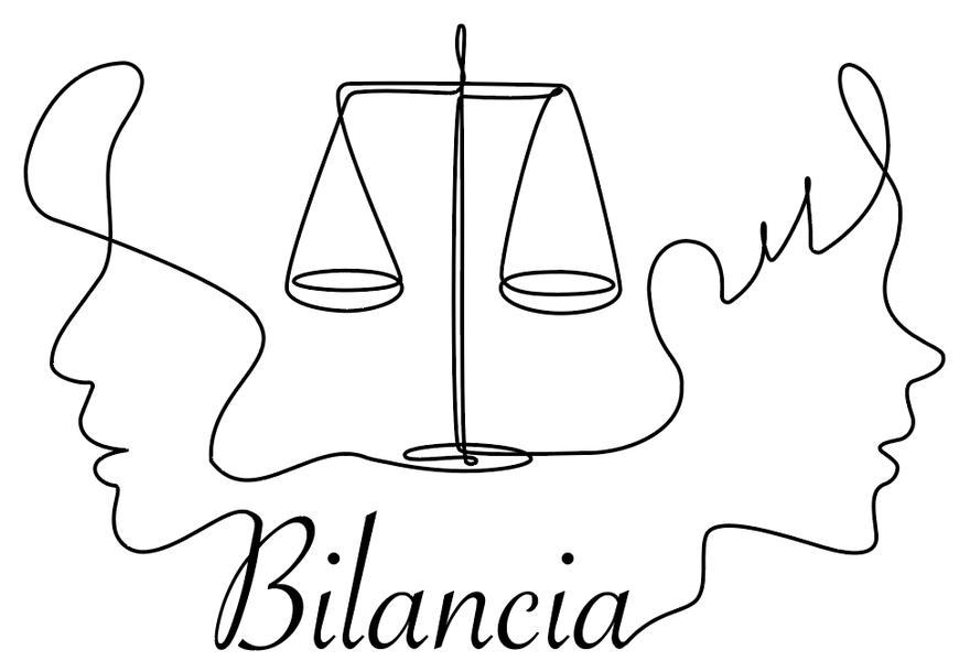 BILANCIAのロゴ。一筆書きの天秤と、向き合うふたつの横顔