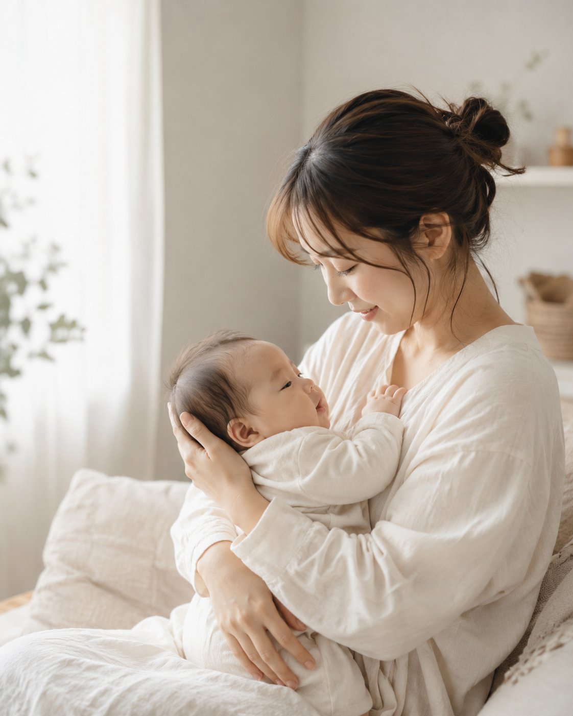 赤ちゃんを優しく抱く産後のお母さん